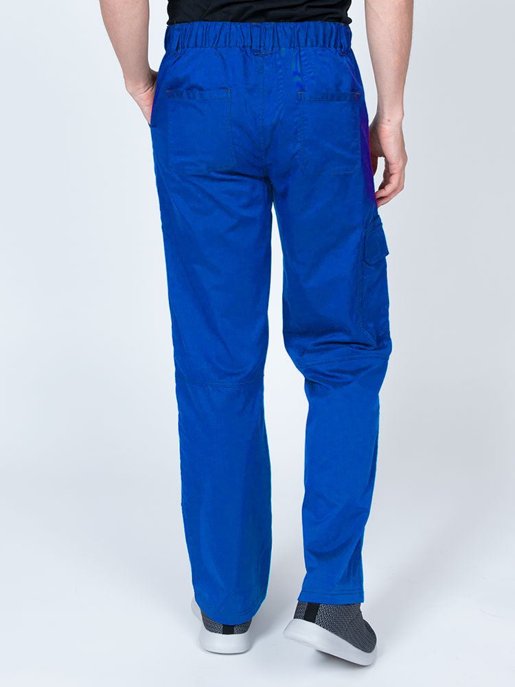 Male nurse wearing an Epic by MedWorks Men's Button Front Scrub Pant in royal with 2 back pockets.