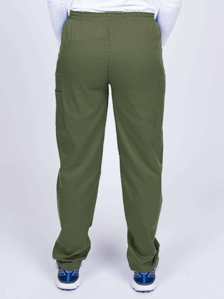 Nurse wearing an Epic by MedWorks Women's Elastic Waist Scrub Pant in olive with an innovative stretch fabric designed to move with you all day.