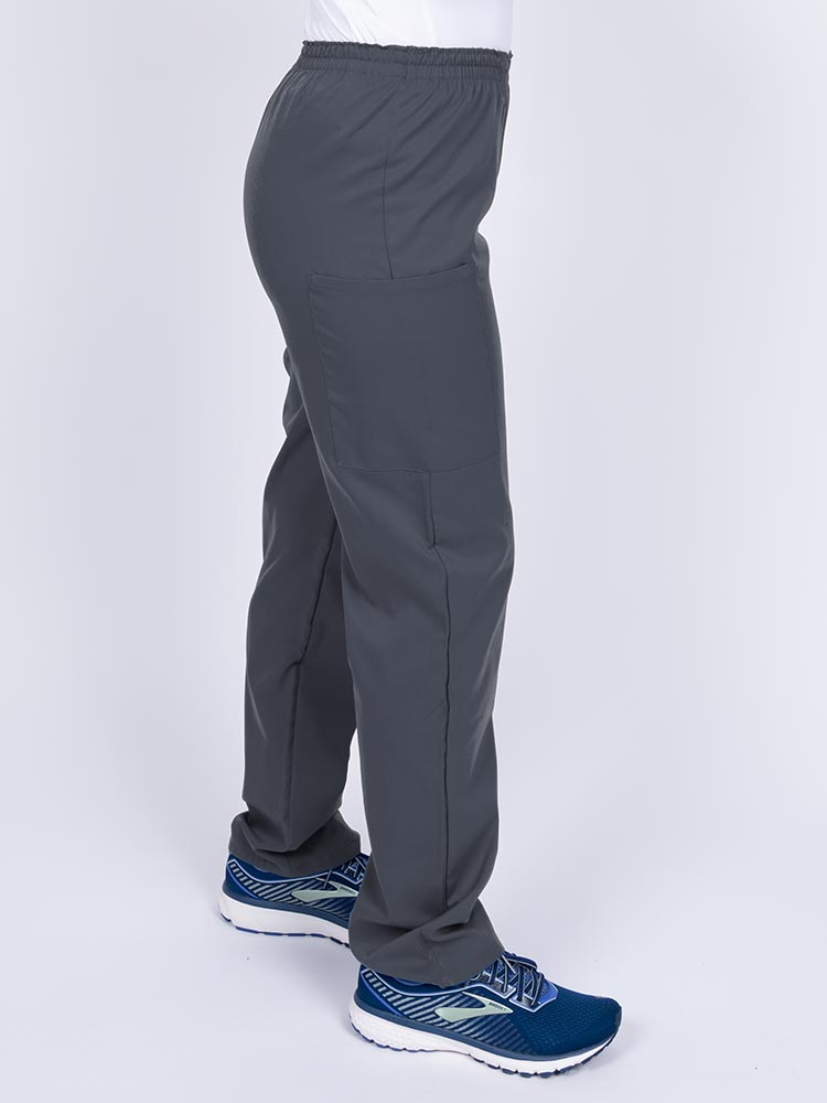 Woman wearing an Epic by MedWorks Women's Elastic Waist Scrub Pant in pewter with two cargo pockets.