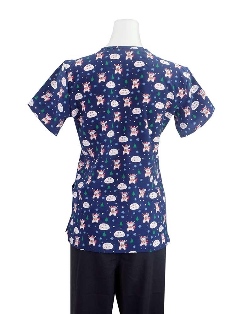 Back view of Essentials Women's Holiday Scrub Top in Merry Reindeer print is navy with reindeer, snow flakes & Christmas trees