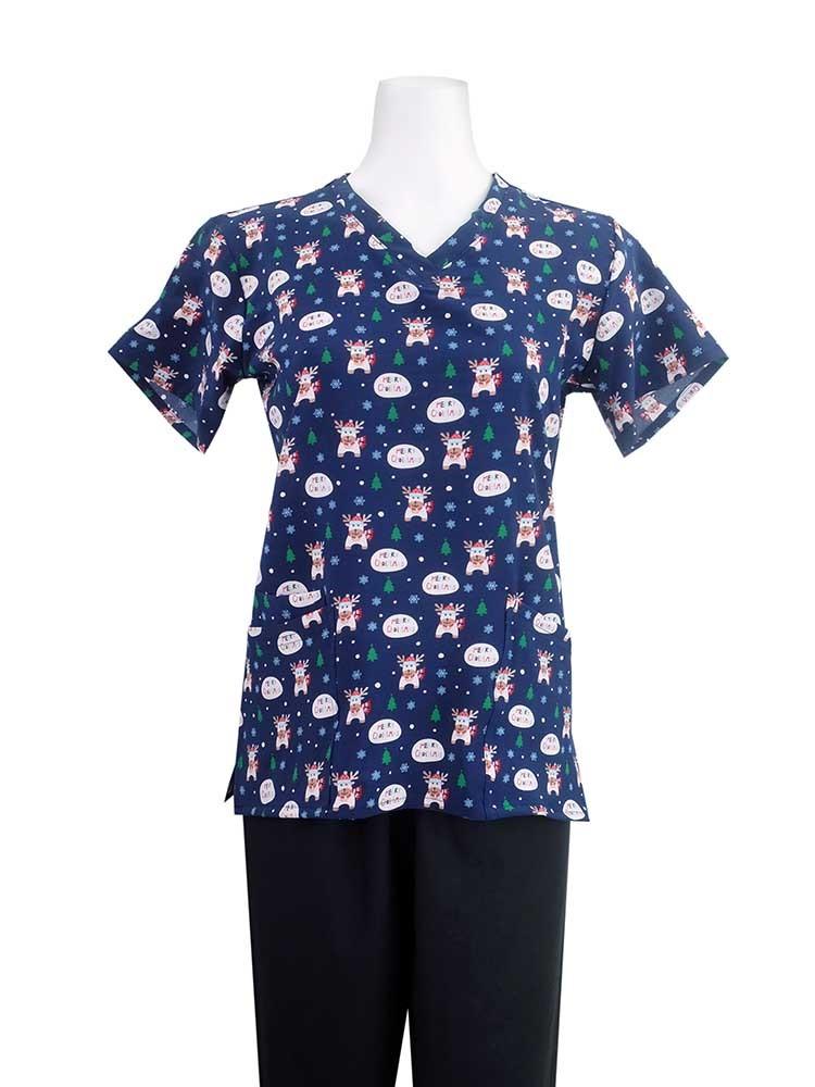 Essentials Women's Holiday Scrub Top in Merry Reindeer print is navy with reindeer, snow flakes & Christmas trees