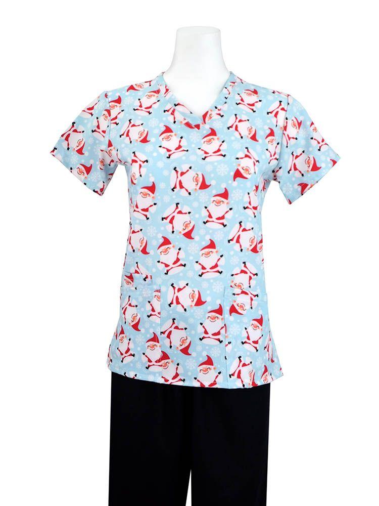 Essentials Women's Holiday Scrub Top is Santa's Angels light blue with allover Santas and snowflakes
