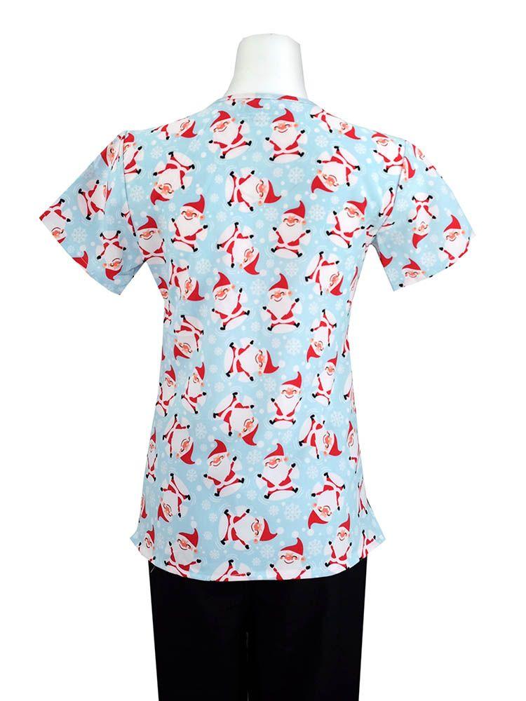 Back view of Essentials Women's Holiday Scrub Top in Santa's Angels print 