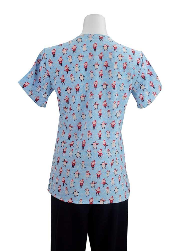 Back view of Essentials Women's Holiday Scrub Top in Skating Friends print