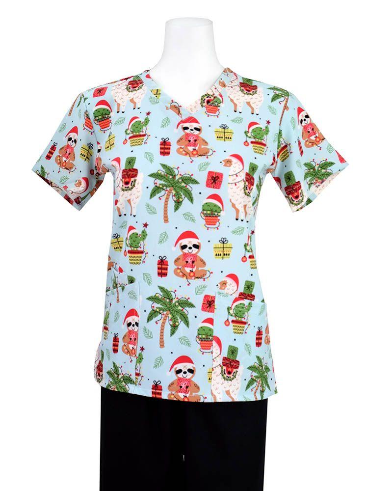 Essentials Women's Holiday Scrub Top in Southwest Christmas print featuring cacti and llamas.