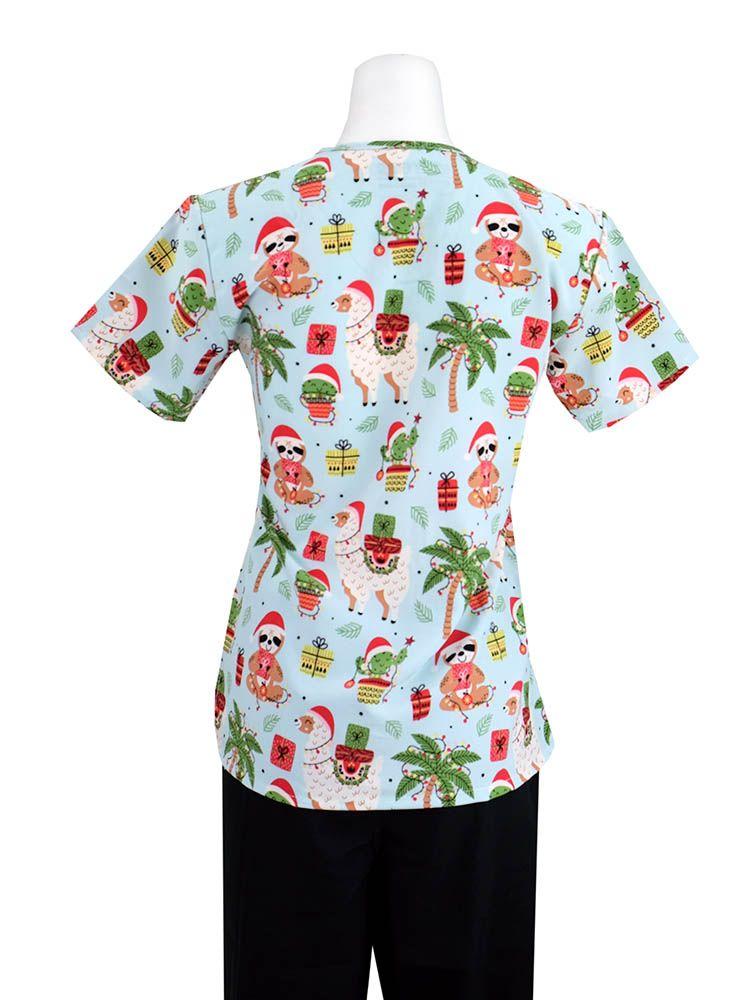 Back view of Essentials Women's Holiday Scrub Top in Southwest Christmas print