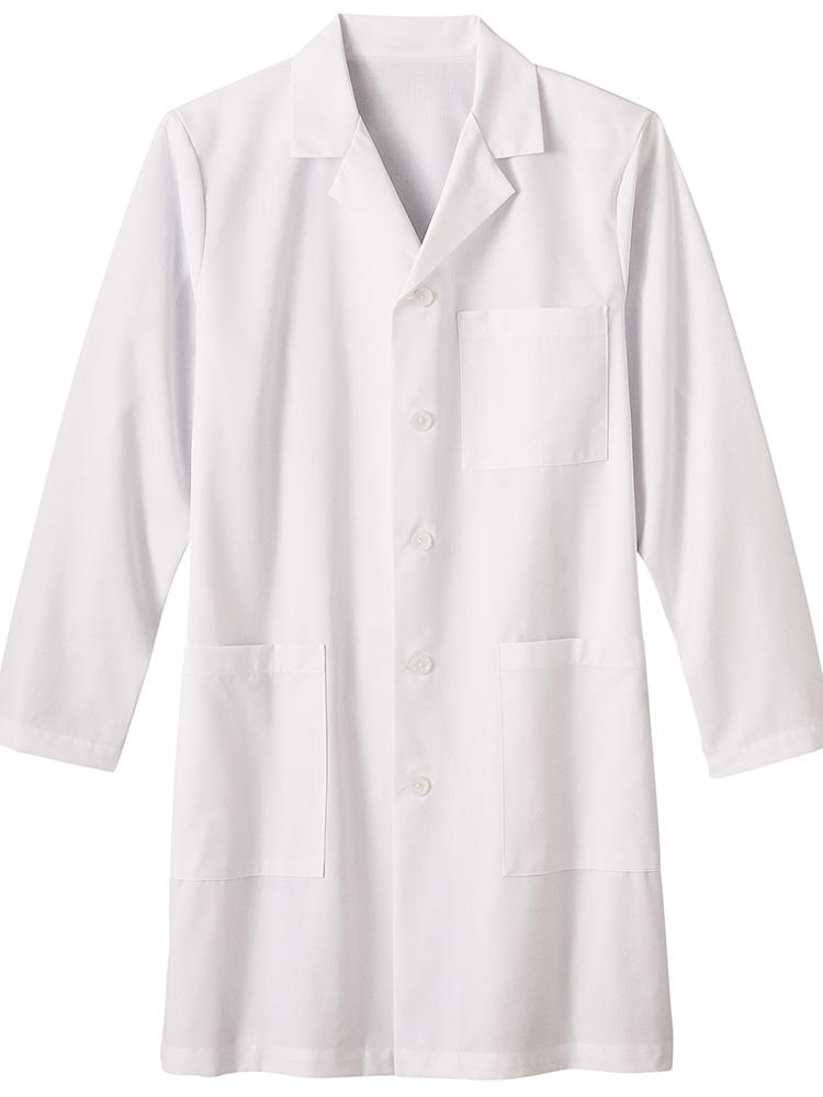An image of the front of the Fundamentals Men's Notched Collar Multi-Pocket 38" Lab Coat in White size Medium featuring a\ a total of 3 pockets & side slits for additional range of motion. 