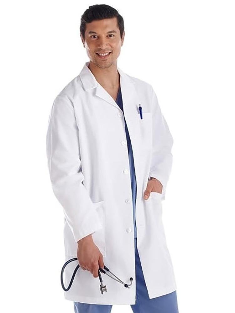 A male Sonographer wearing a Fundamentals Men's Notched Collar Multi-Pocket 38" Lab Coat in white size large featuring a five button closure front.