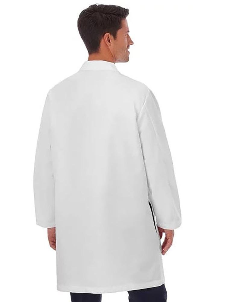 A young male Pharmacist displaying the back of a Fundamentals Men's Notched Collar Multi-Pocket Lab Coat in white size 2X featuring an approximate center back length of 38".