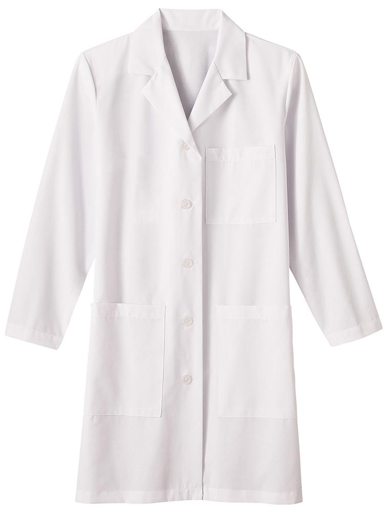 An image of the Fundamentals Women's Missy Multi-Pocket 37" Lab Coat in White sizeLarge featuring a 5 button front closure to ensure a professional all day look and feel. 