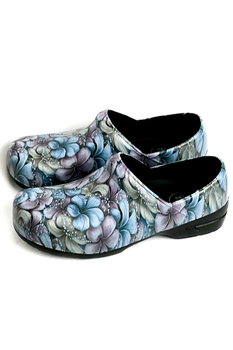 A side view of the StepZ Women's Slip Resistant Memory Foam Clogs in "Grey Flowers" featuring a unique EVA construction, engineered to withstand very high temperatures.