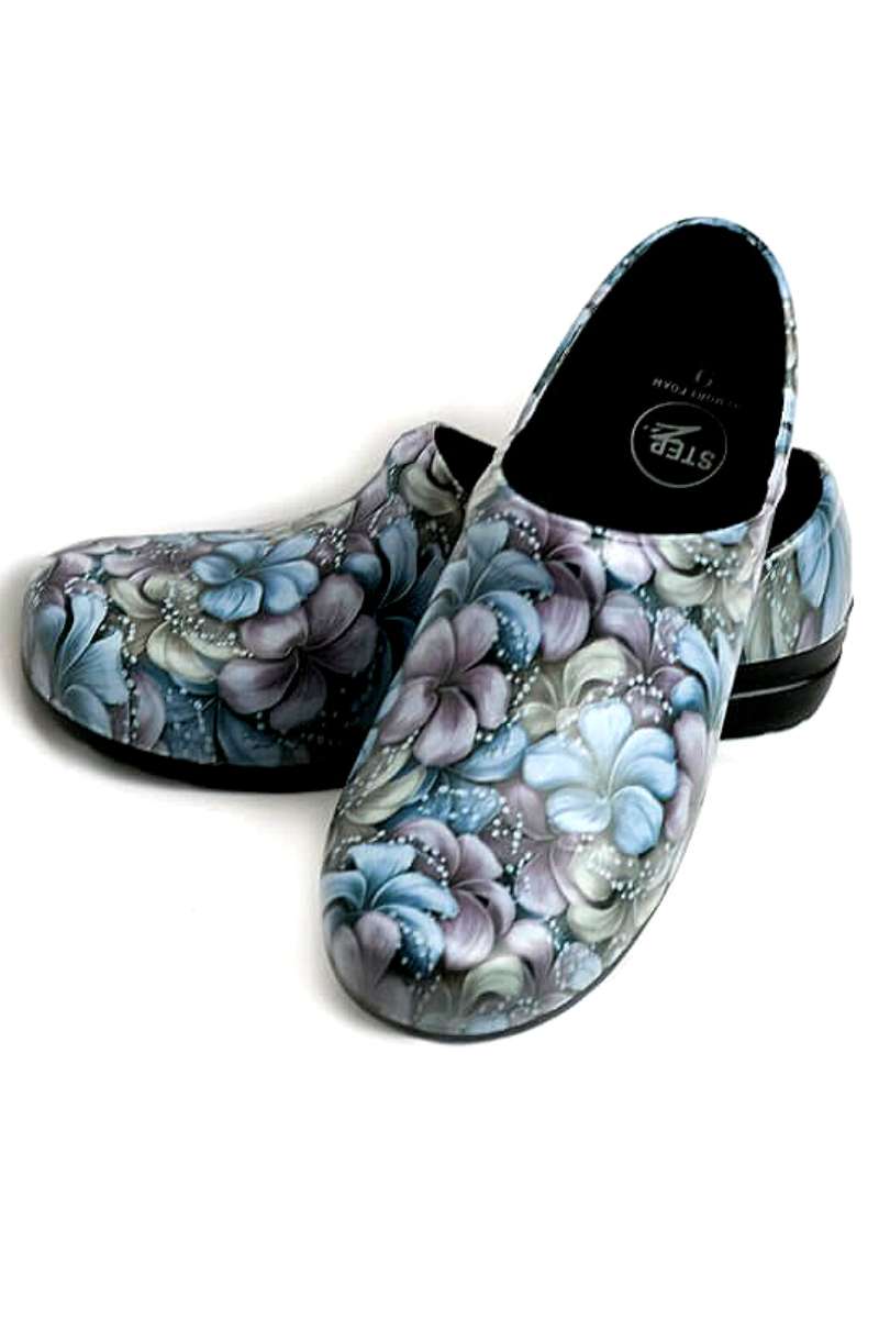 An image of the "Grey Flowers" StepZ Women's Slip Resistant Memory Foam Clog in size 8 featuring patented water-based fluid slip-resistance technology.