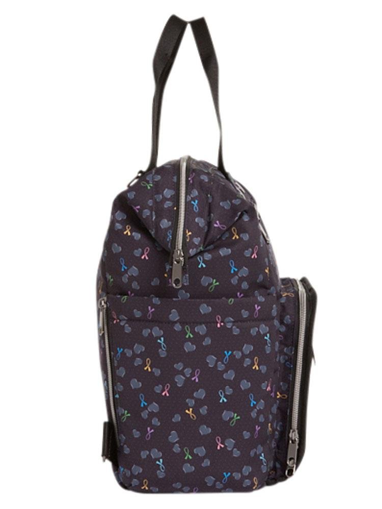 Side view of HeartSoul Bella Backpack in All Awareness Ribbon print featuring side pocket