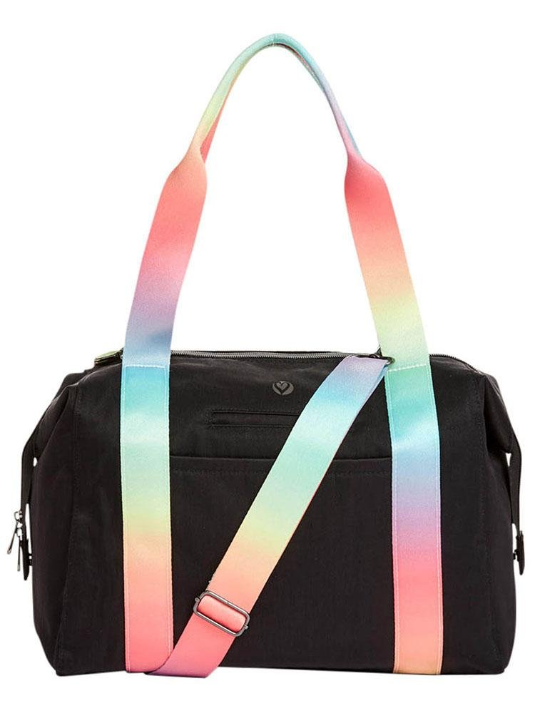 HeartSoul Madison Duffel Bag in Black with Rainbow Straps featuring a removable shoulder strap