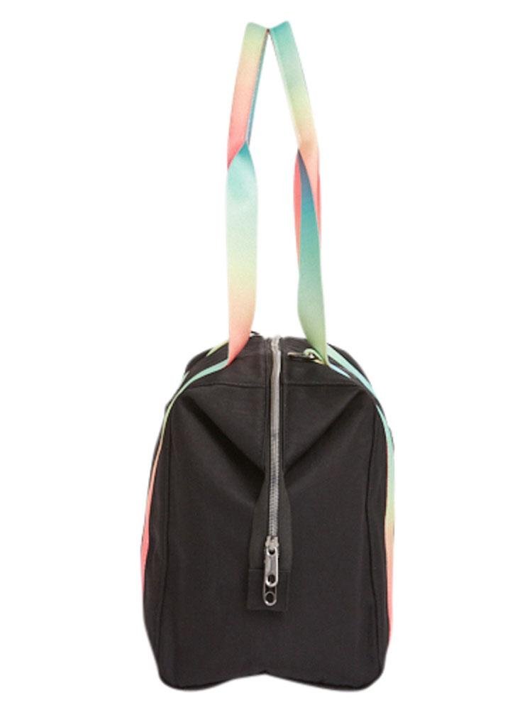 Side view of HeartSoul Madison Duffel Bag in Black with Rainbow Straps featuring a double zipper