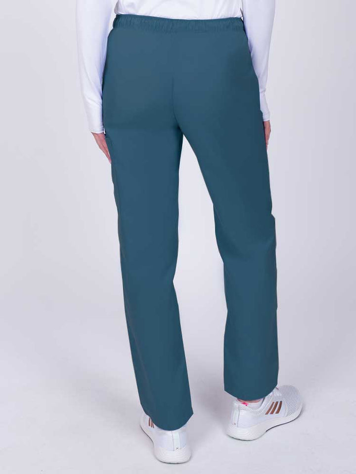 Nurse wearing a Luv Scrubs by MedWorks Women's Elastic Waist Cargo Pant in Caribbean with an elastic and drawstring waist.