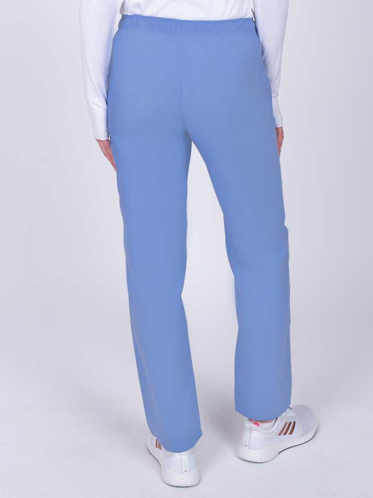 Nurse wearing a Luv Scrubs by MedWorks Women's Elastic Waist Cargo Pant in ceil with an elastic and drawstring waist.