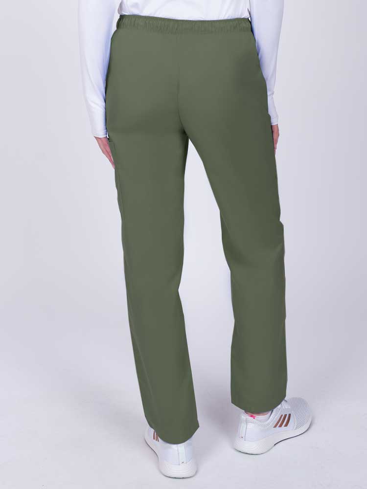 Nurse wearing a Luv Scrubs by MedWorks Women's Elastic Waist Cargo Pant in olive with an elastic and drawstring waist.