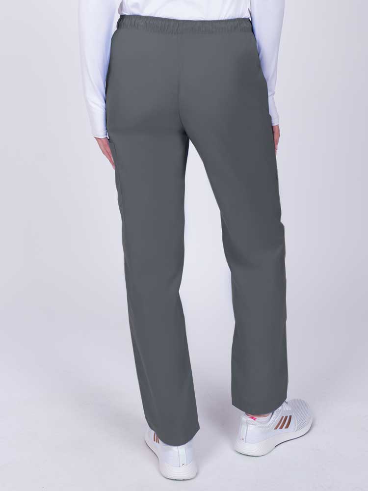 Nurse wearing a Luv Scrubs by MedWorks Women's Elastic Waist Cargo Pant in pewter with an elastic and drawstring waist.