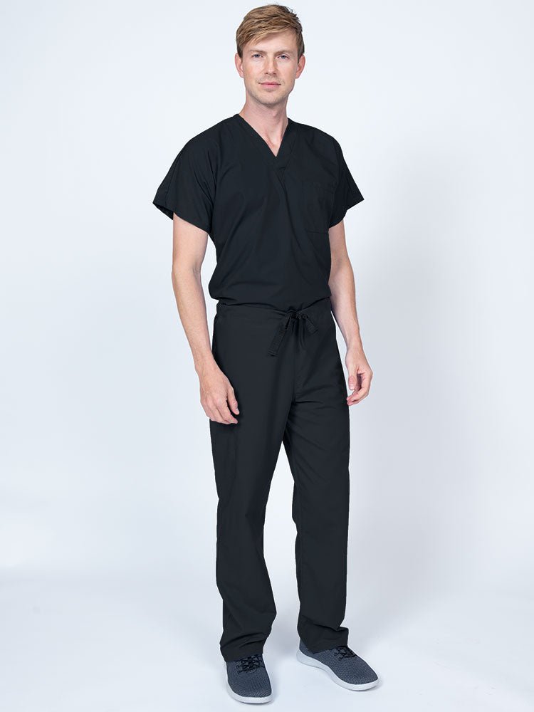 Man wearing a Luv Scrubs Drawstring Cargo Pant in black featuring a unisex fit.