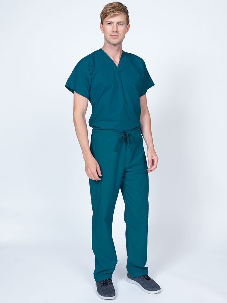 Man wearing a Luv Scrubs Drawstring Cargo Pant in Caribbean featuring a unisex fit.
