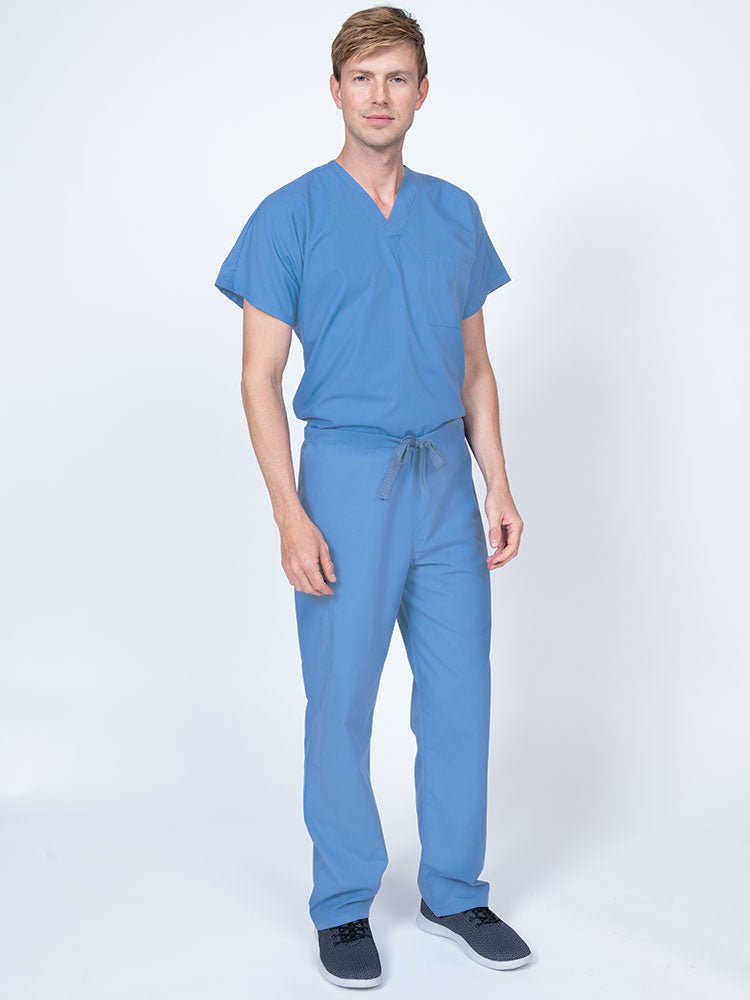 Man wearing a Luv Scrubs Drawstring Cargo Pant in ceil featuring a unisex fit.