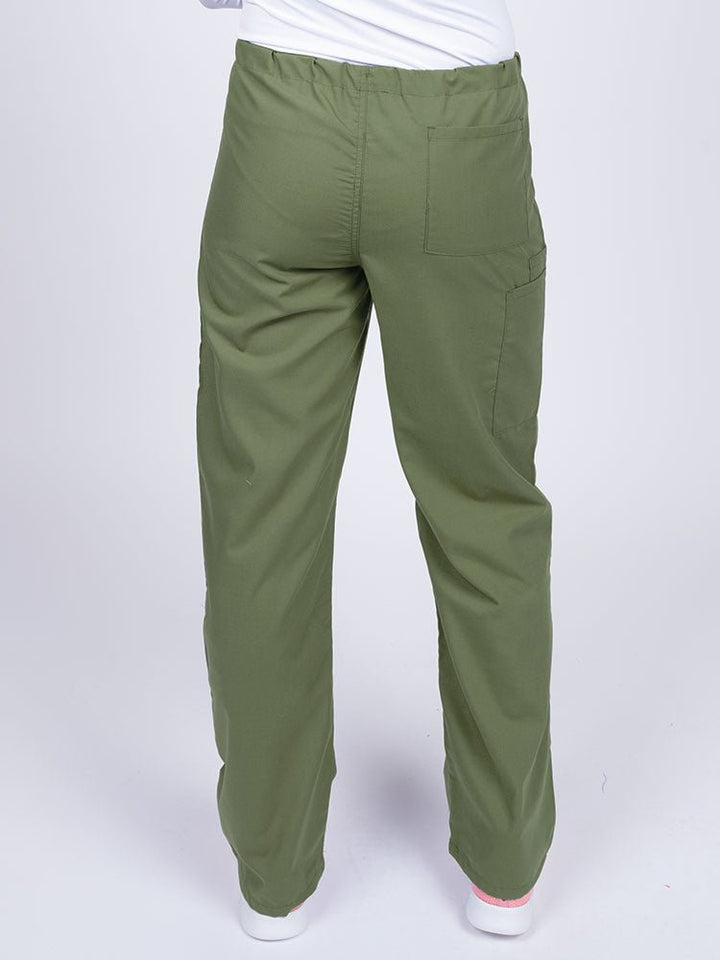 Woman wearing a Luv Scrubs Unisex Drawstring Cargo Pant in olive with one back pocket on the wearer's right side.