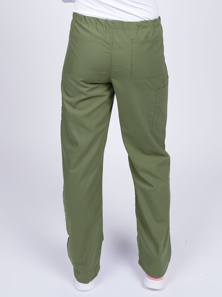 Woman wearing a Luv Scrubs Unisex Drawstring Cargo Pant in olive with one back pocket on the wearer's right side.
