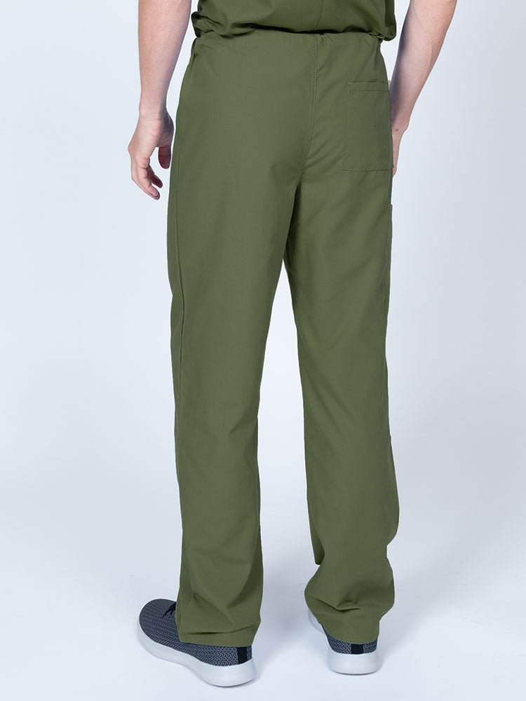 Male nurse wearing a Luv Scrubs Unisex Drawstring Cargo Pant in olive featuring a lightweight, breathable fabric.