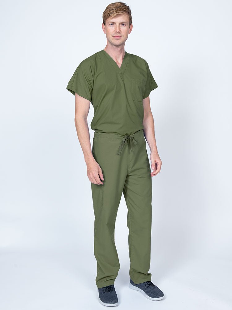 Man wearing a Luv Scrubs Drawstring Cargo Pant in olive featuring a unisex fit.