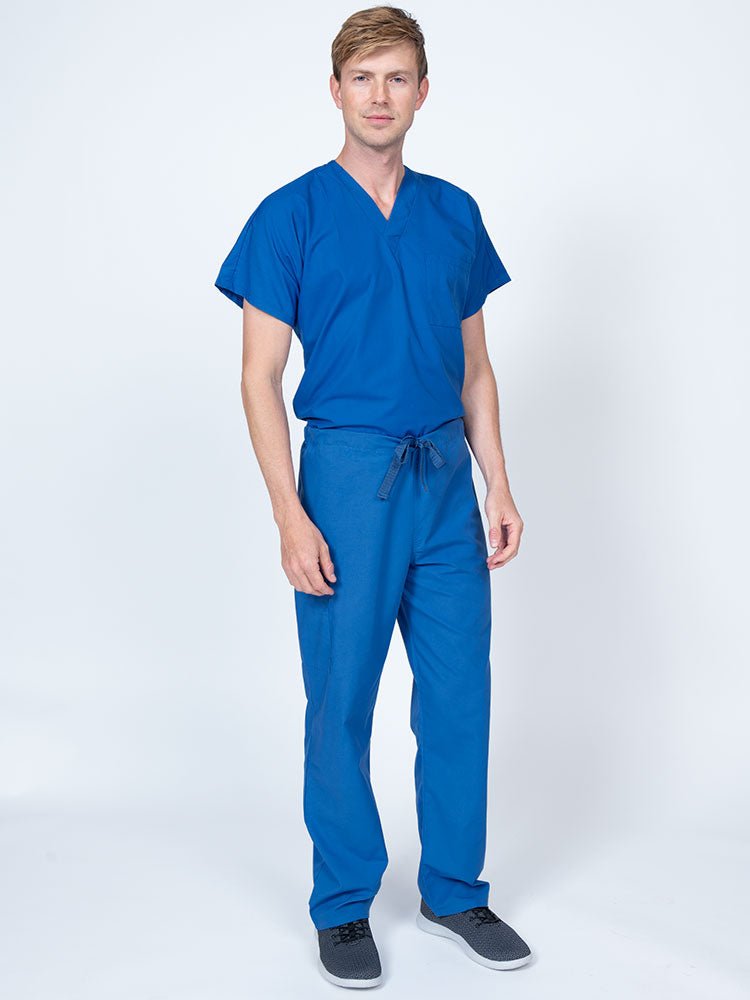 Man wearing a Luv Scrubs Drawstring Cargo Pant in royal featuring a unisex fit.