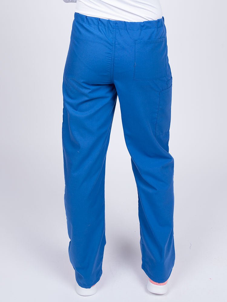 Woman wearing a Luv Scrubs Unisex Drawstring Cargo Pant in royal with one back pocket on the wearer's right side.
