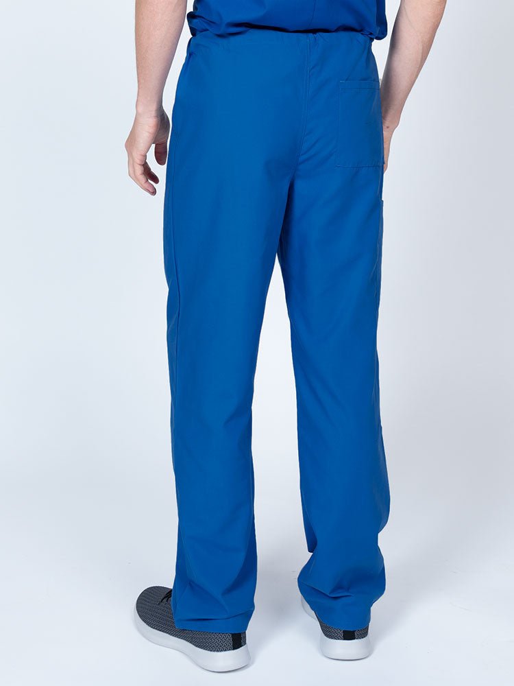 Male nurse wearing a Luv Scrubs Unisex Drawstring Cargo Pant in royal featuring a lightweight, breathable fabric.
