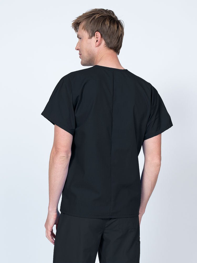 Male LPN wearing a Luv Scrubs Unisex Single Pocket V-Neck Scrub Top in Black with a lightweight, breathable fabric made of 55% Cotton and 45% Polyester.