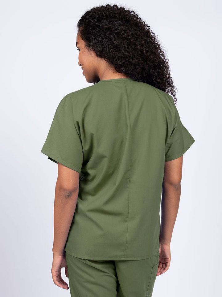 Nurse wearing a Luv Scrubs Unisex Single Pocket V-Neck Scrub Top in olive with a center back length of 27.5".