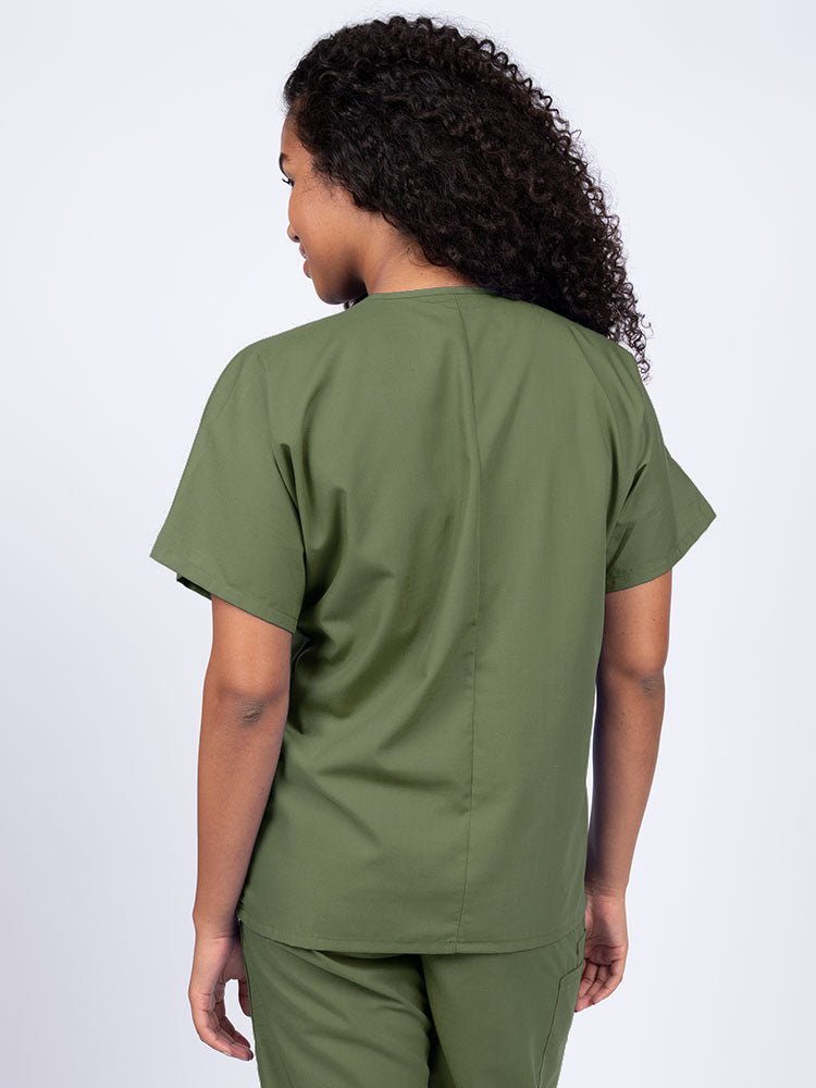 Nurse wearing a Luv Scrubs Unisex Single Pocket V-Neck Scrub Top in olive with a center back length of 27.5".
