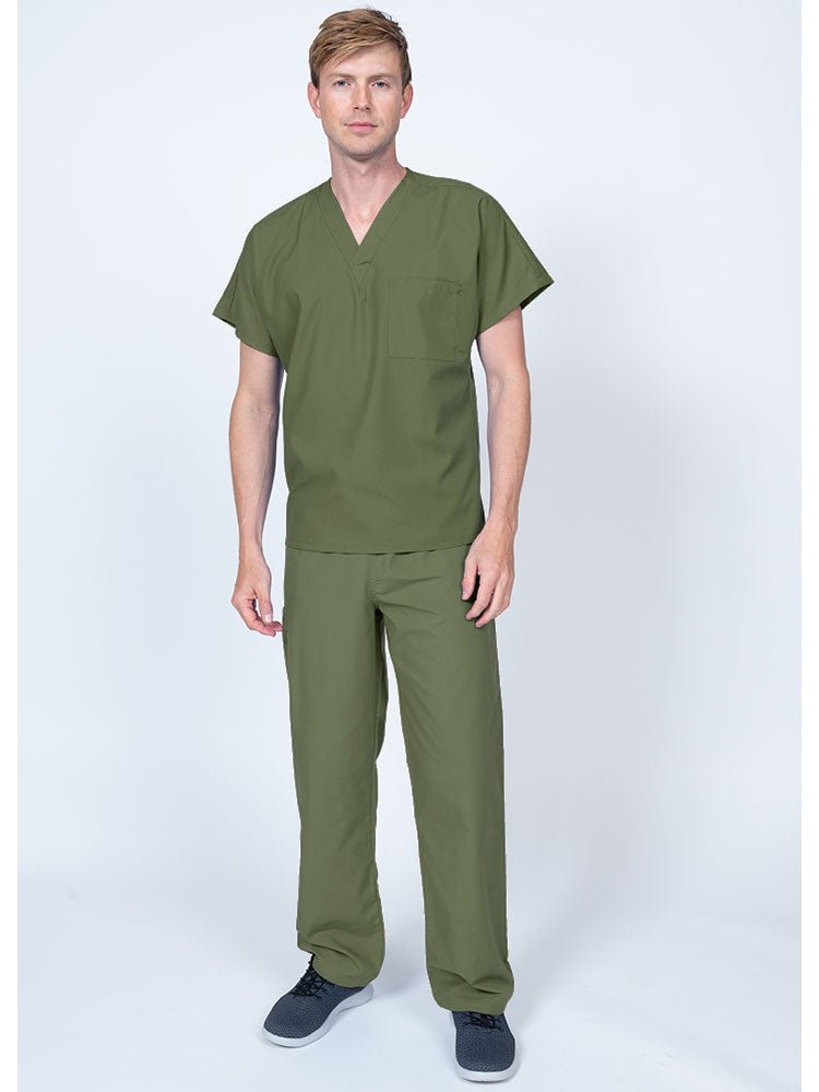 Young man wearing a Luv Scrubs Single Pocket V-Neck Scrub Top in olive featuring a unisex fit.