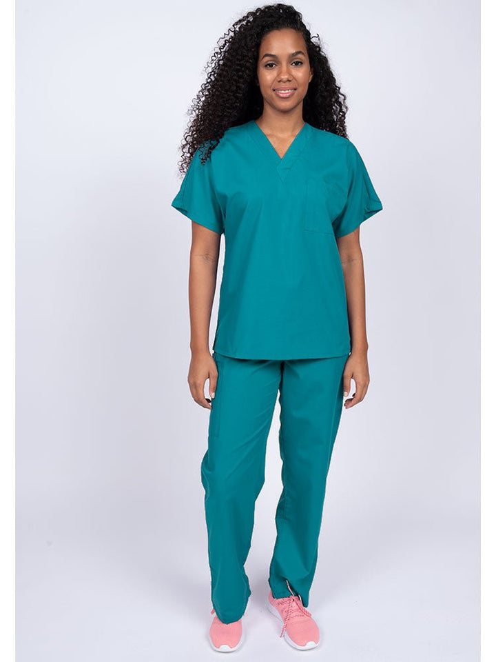 Young woman wearing a Luv Scrubs Unisex Single Pocket Scrub Top in teal featuring a V-neckline.