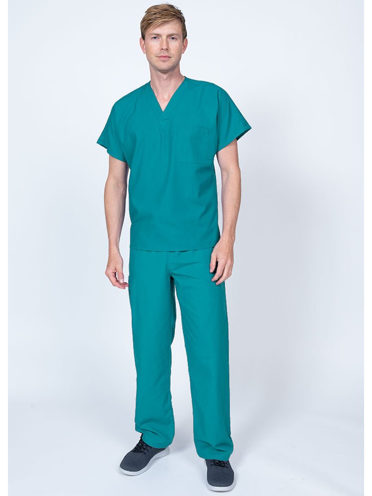 Young man wearing a Luv Scrubs Single Pocket V-Neck Scrub Top in teal featuring a unisex fit.