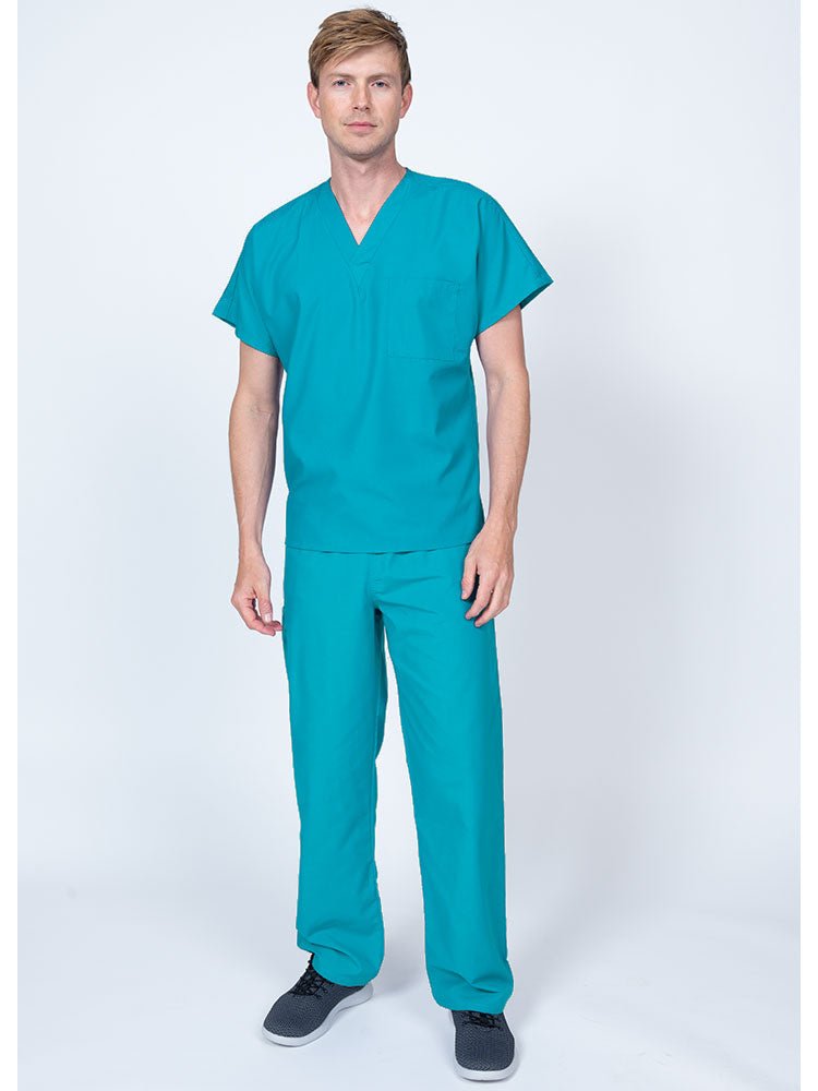 Young man wearing a Luv Scrubs Single Pocket V-Neck Scrub Top in turquoise featuring a unisex fit.