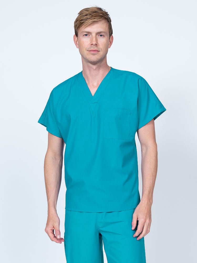 Man wearing a Luv Scrubs Unisex Single Pocket V-Neck Scrub Top in turquoise with dolman sleeves and 1 chest pocket.