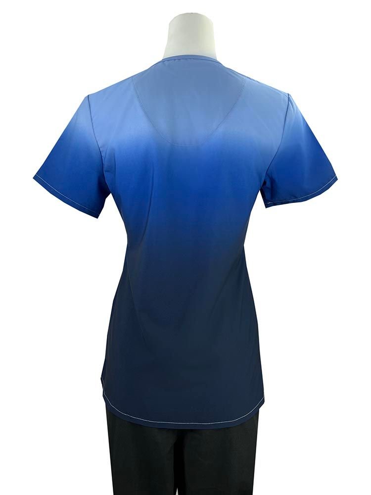 The back of the Luv Scrubs by MedWorks Ombre Scrub Top in Blue/Grey featuring a center back length of 25".