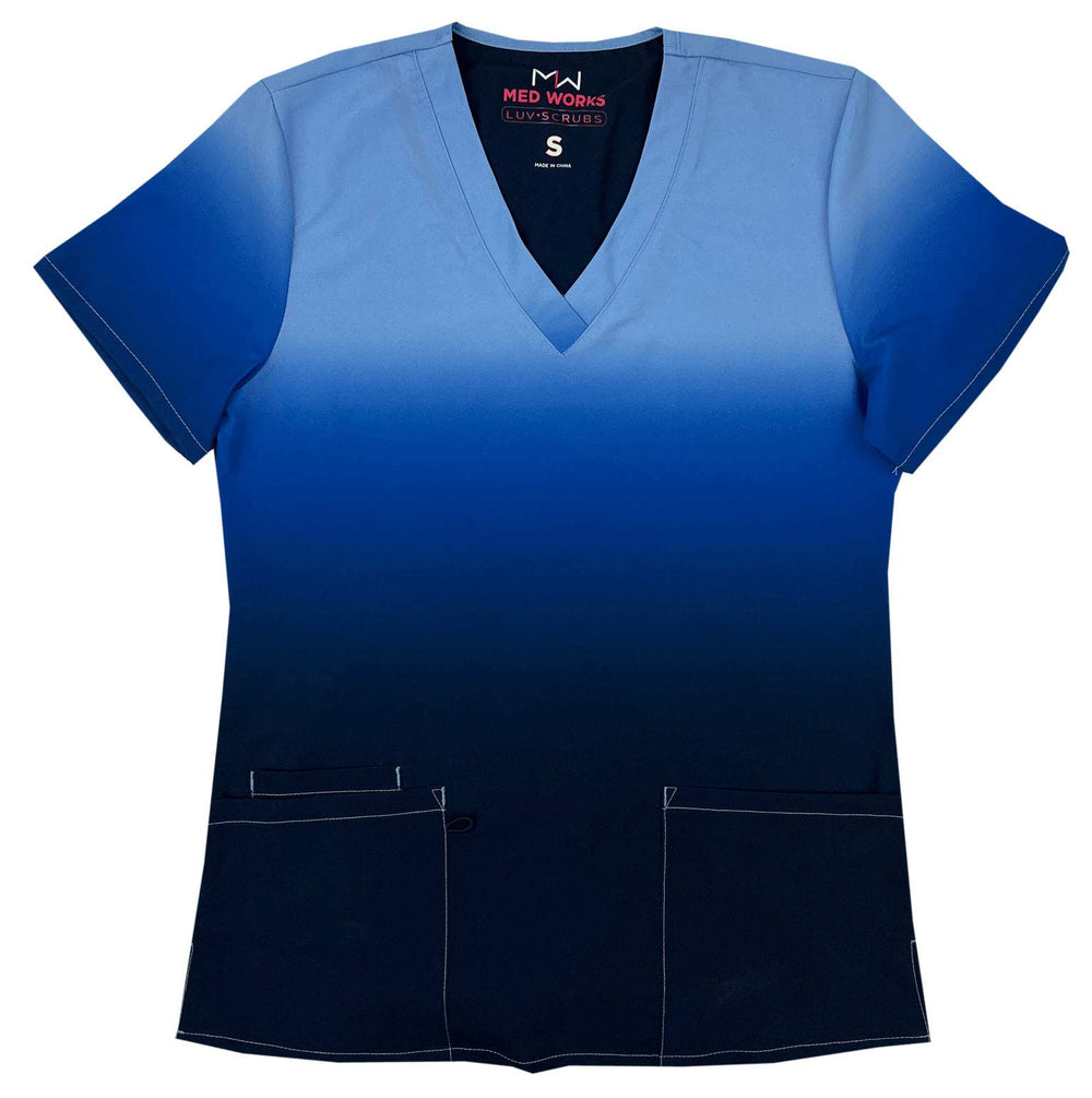 The front of the Luv Scrub by MedWorks Ombre Scrub Top in Blue/Grey featuring a unique polyester/spandex silky fabric.