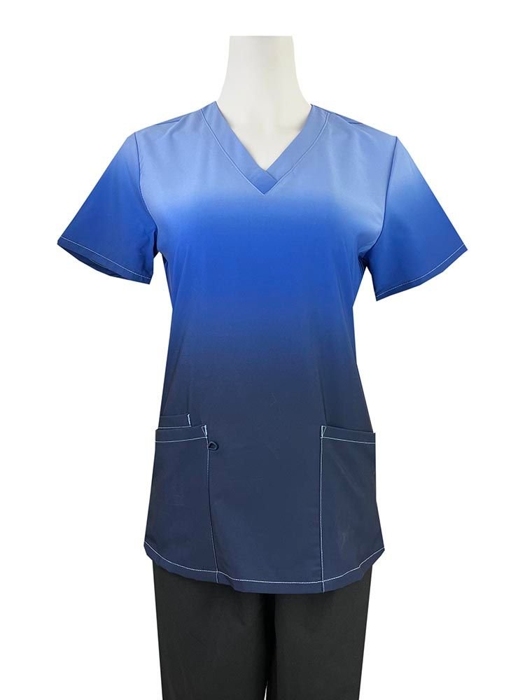 The Luv Scrub by MedWorks Ombre Scrub Top in Blue/Grey featuring 2 front patch pockets.