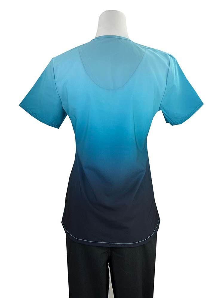 The back of the Luv Scrubs by MedWorks Ombre Scrub Top in Caribbean/Black featuring a center back length of 25".