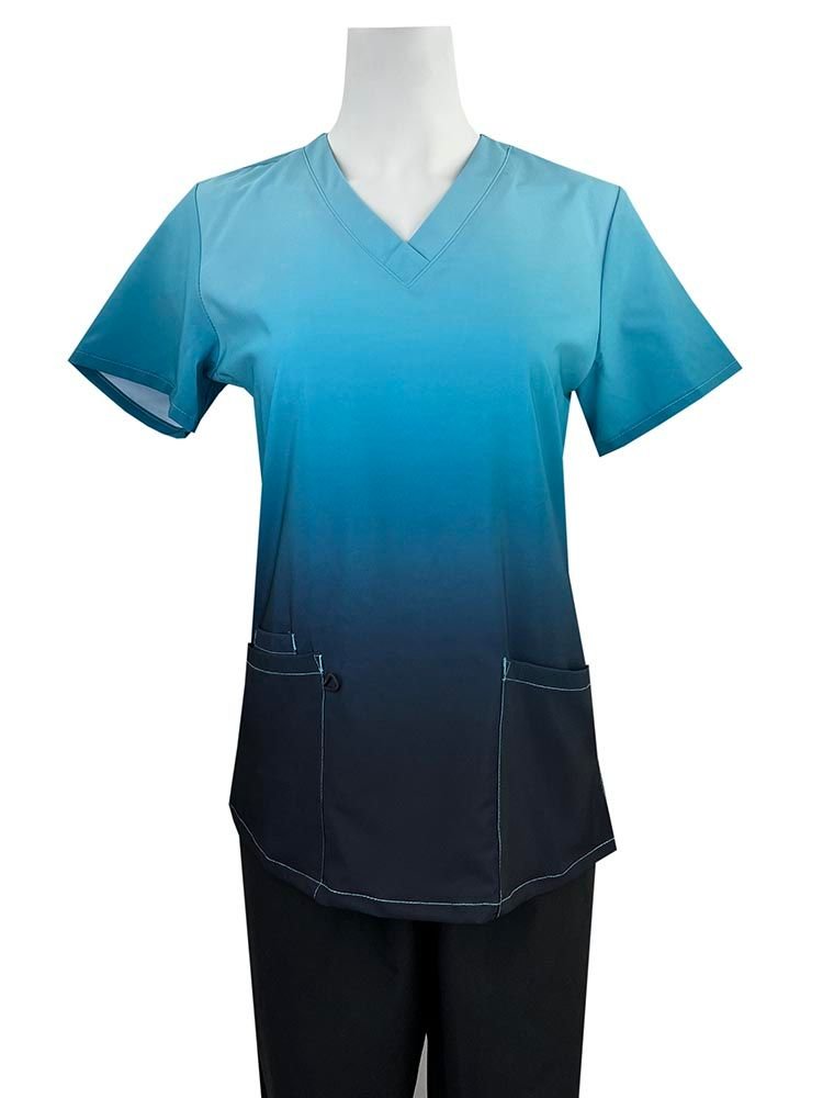 The Luv Scrub by MedWorks Ombre Scrub Top in Caribbean/Black featuring 2 front patch pockets.