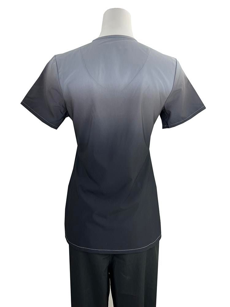 The back of the Luv Scrubs by MedWorks Ombre Scrub Top in Grey/Black featuring a center back length of 25".