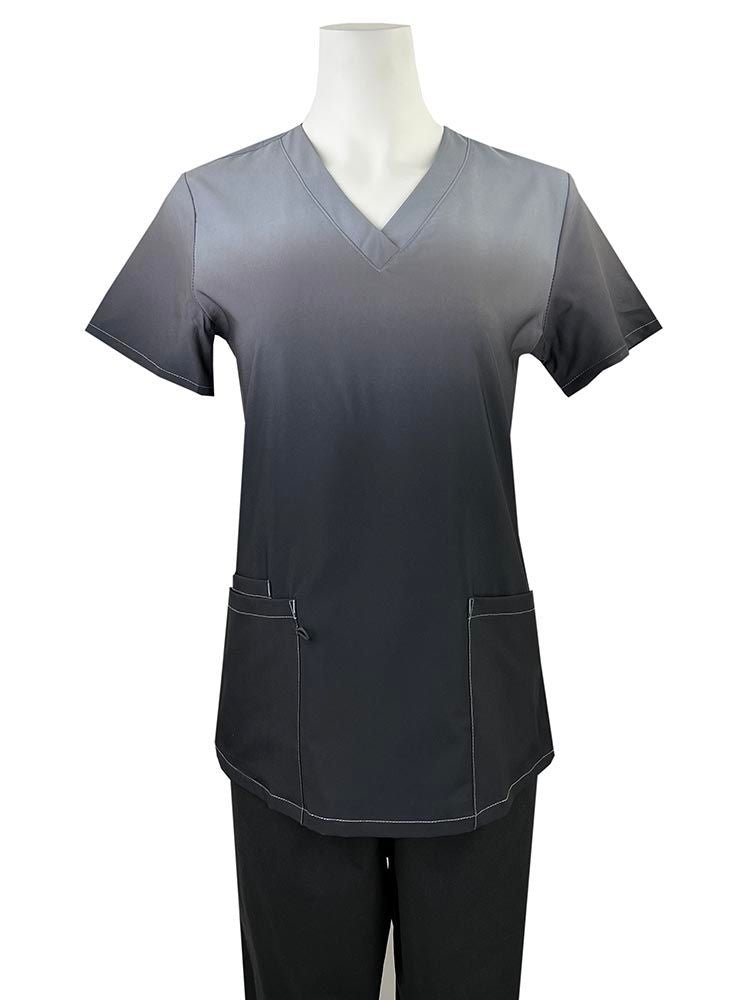 The Luv Scrub by MedWorks Ombre Scrub Top in Grey/Black featuring 2 front patch pockets.