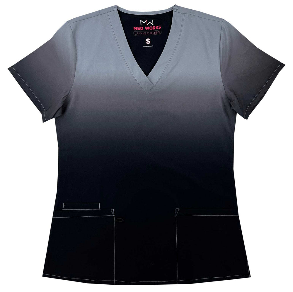 The front of the Luv Scrub by MedWorks Ombre Scrub Top in Grey/Black featuring a unique polyester/spandex silky fabric.