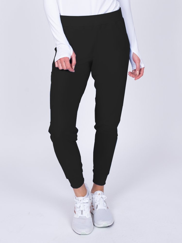 Meraki Sport Women's Jogger Scrub Pant in black featuring a drawstring & an elastic rib knit waistband